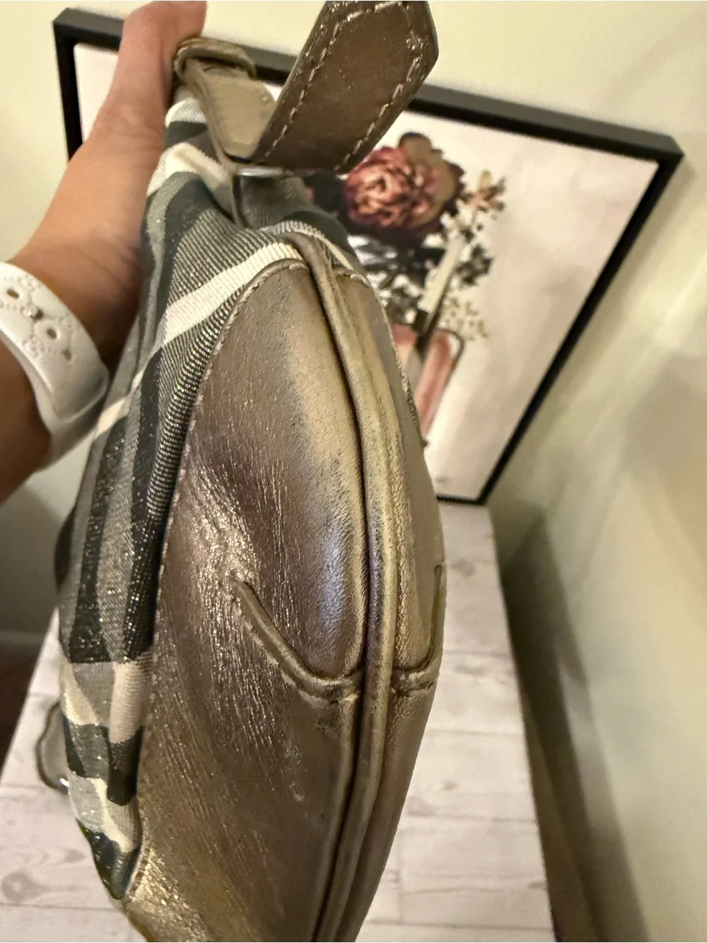 Burberry Plaid Canvas Crossbody Bag in Beige and Metallic Gold